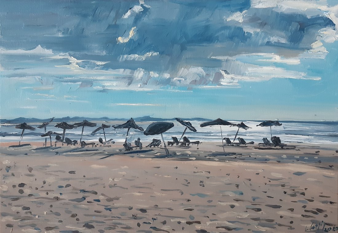 Mimo sezónu na pláži Cascais, Leisan Gaziz — Oil Painting, Impressionism, Canvas — 50 × 35 cm