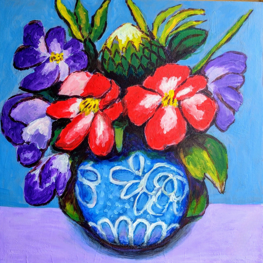 Kytice v modré váze (Kytica v modrej váze), Libuše Kučerová — Plátno, 40 × 40 cm