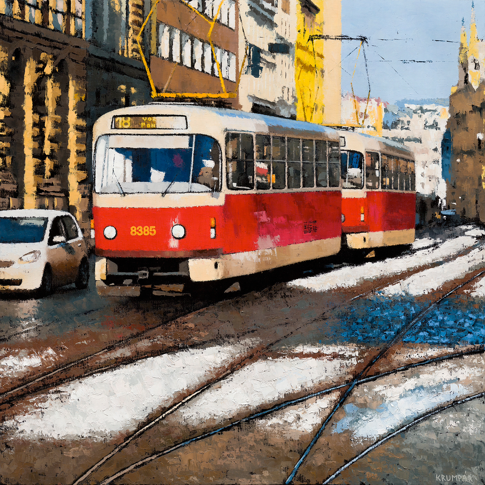 Winter City, Marek Krumpár — Oil Painting, Impressionism, Canvas — 110 × 110 cm