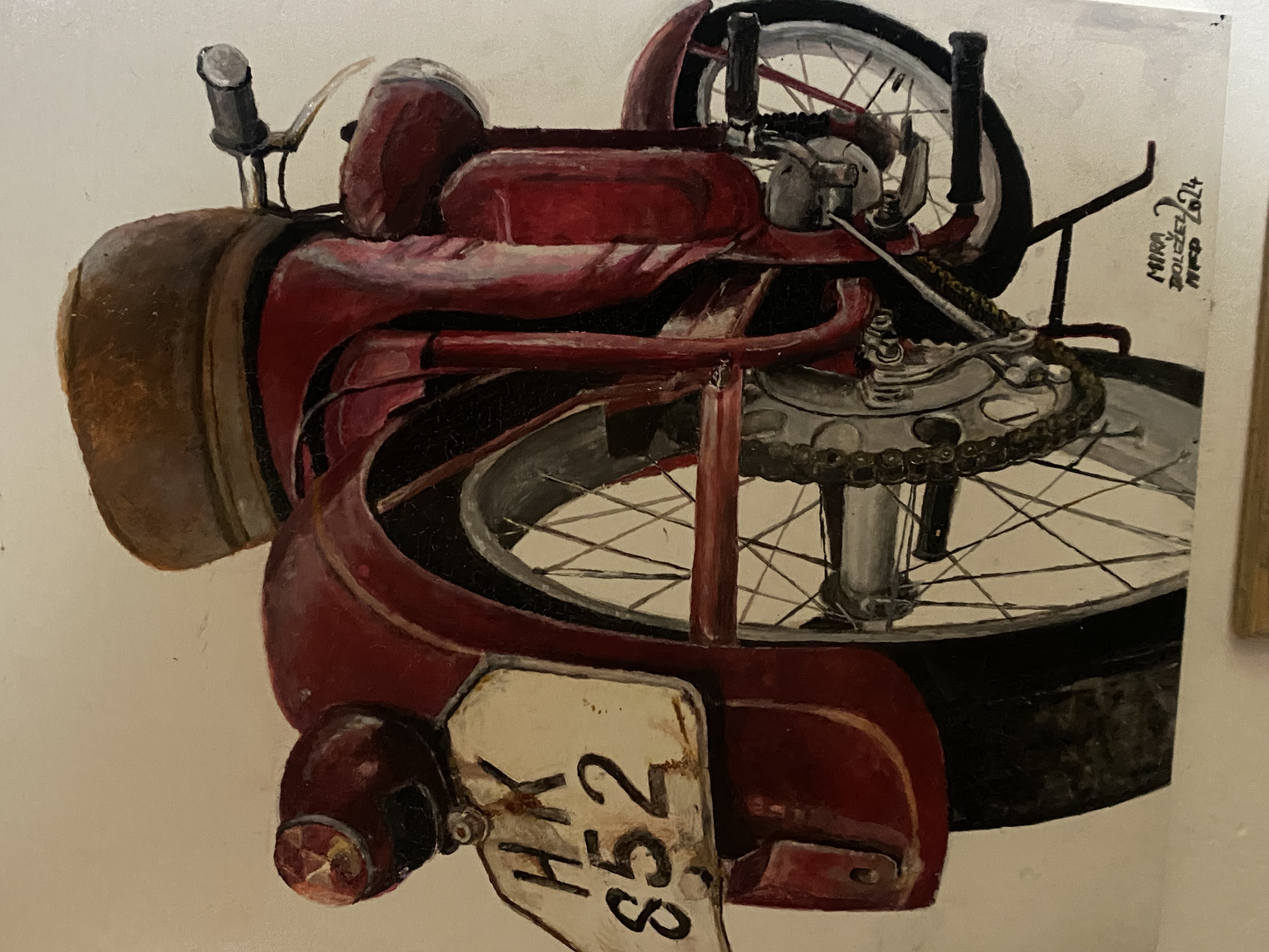 pařez Jawa pionýr motorka, Miroslav Doležel — Oil Painting, Hyperrealism, Canvas — 30 × 40 cm