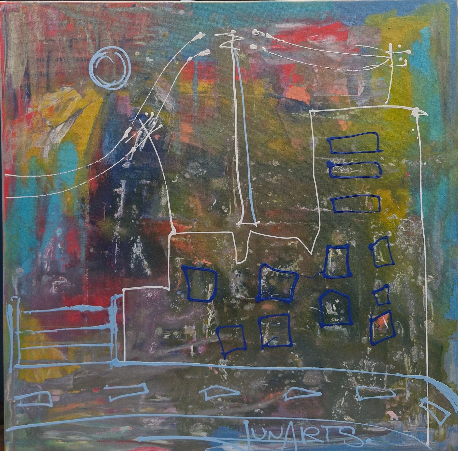 City Grid Under the Moon, Natália Junasová — Acrylic, Expressionism, Canvas — 85 × 85 cm