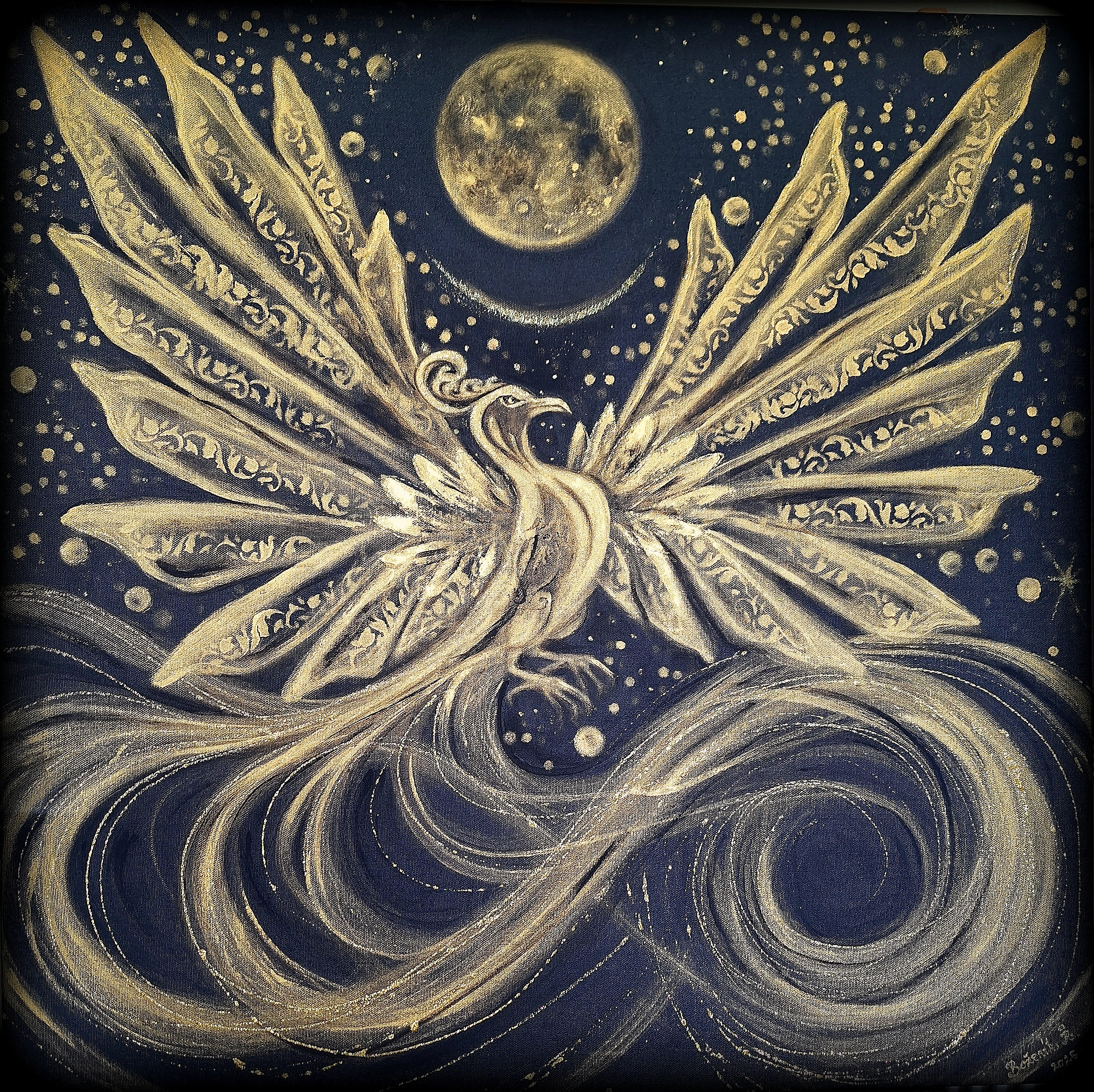 Zlatý fénix, Rita Boženíková — Akryl, Symbolismus, Plátno — 70 × 70 cm