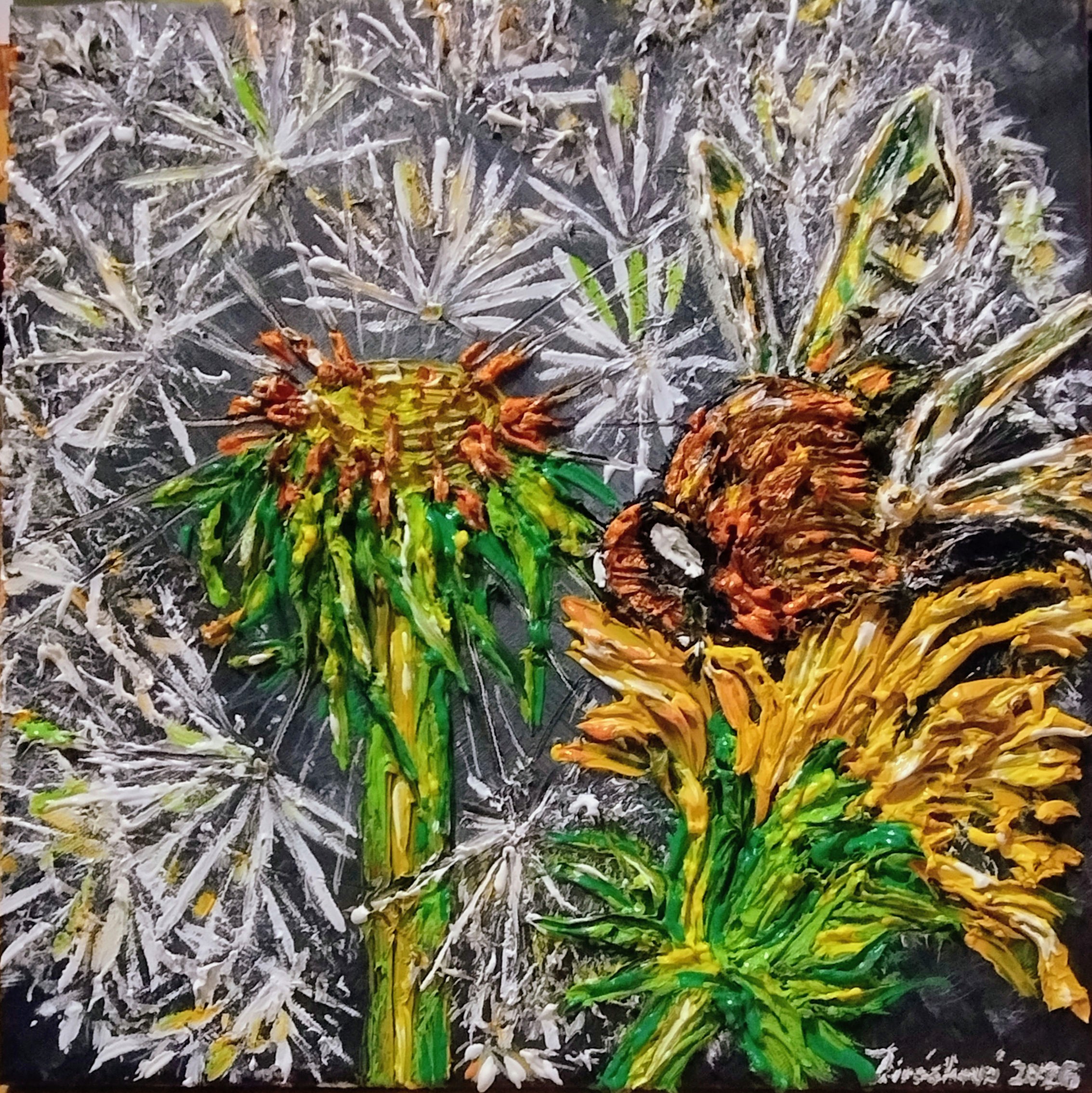Pampelišky a čmelák, Romana Jirásková — Mixed Media, Expressionism, Canvas — 40 × 40 cm