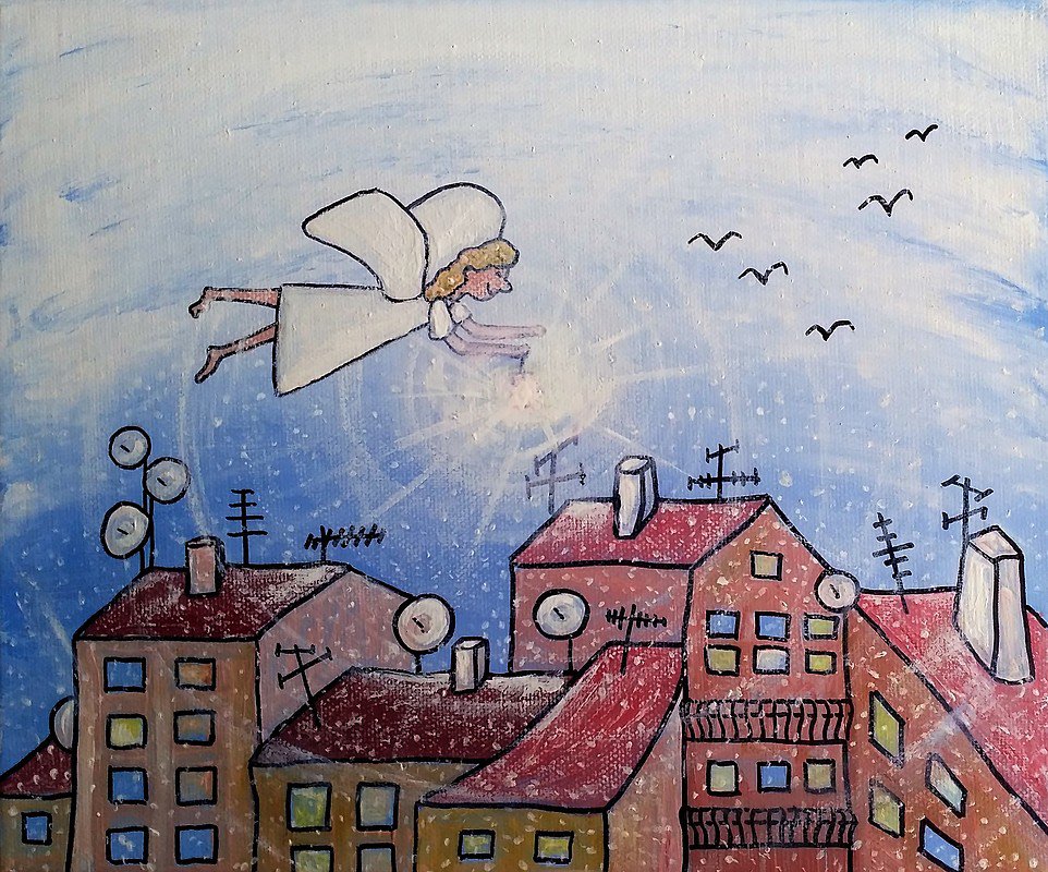 Anděl strážný, Simona Kollertová — Acrilico, Arte naïf, Tela — 25 × 30 cm