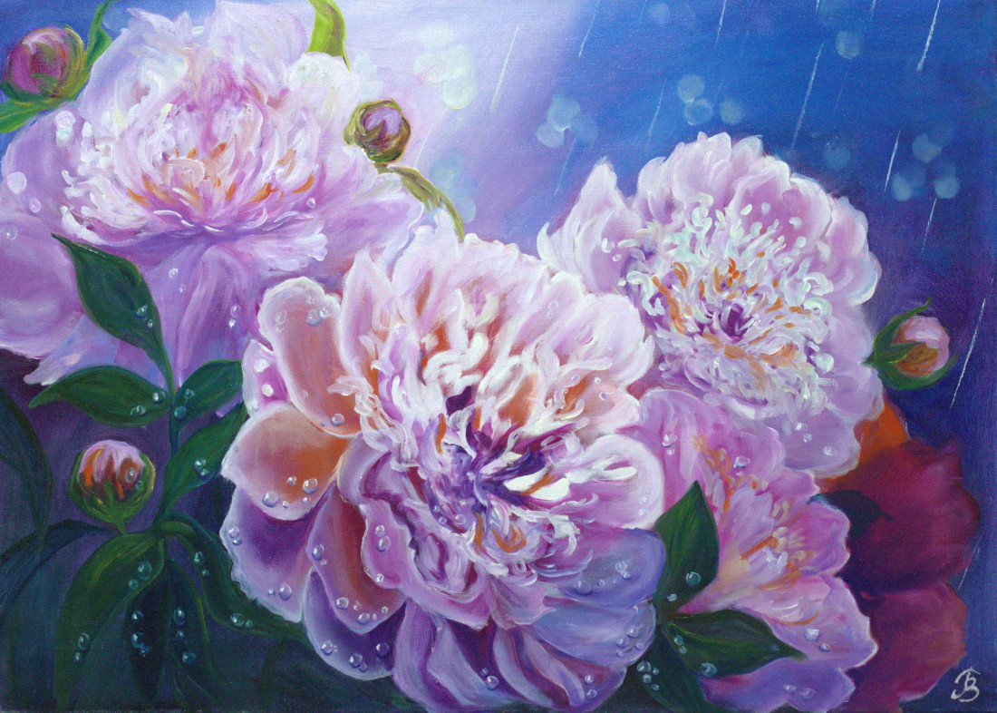 Pivoňky po deští  (Peônias depois da chuva), Tamara Bokotej — Canvas, 70 × 50 cm