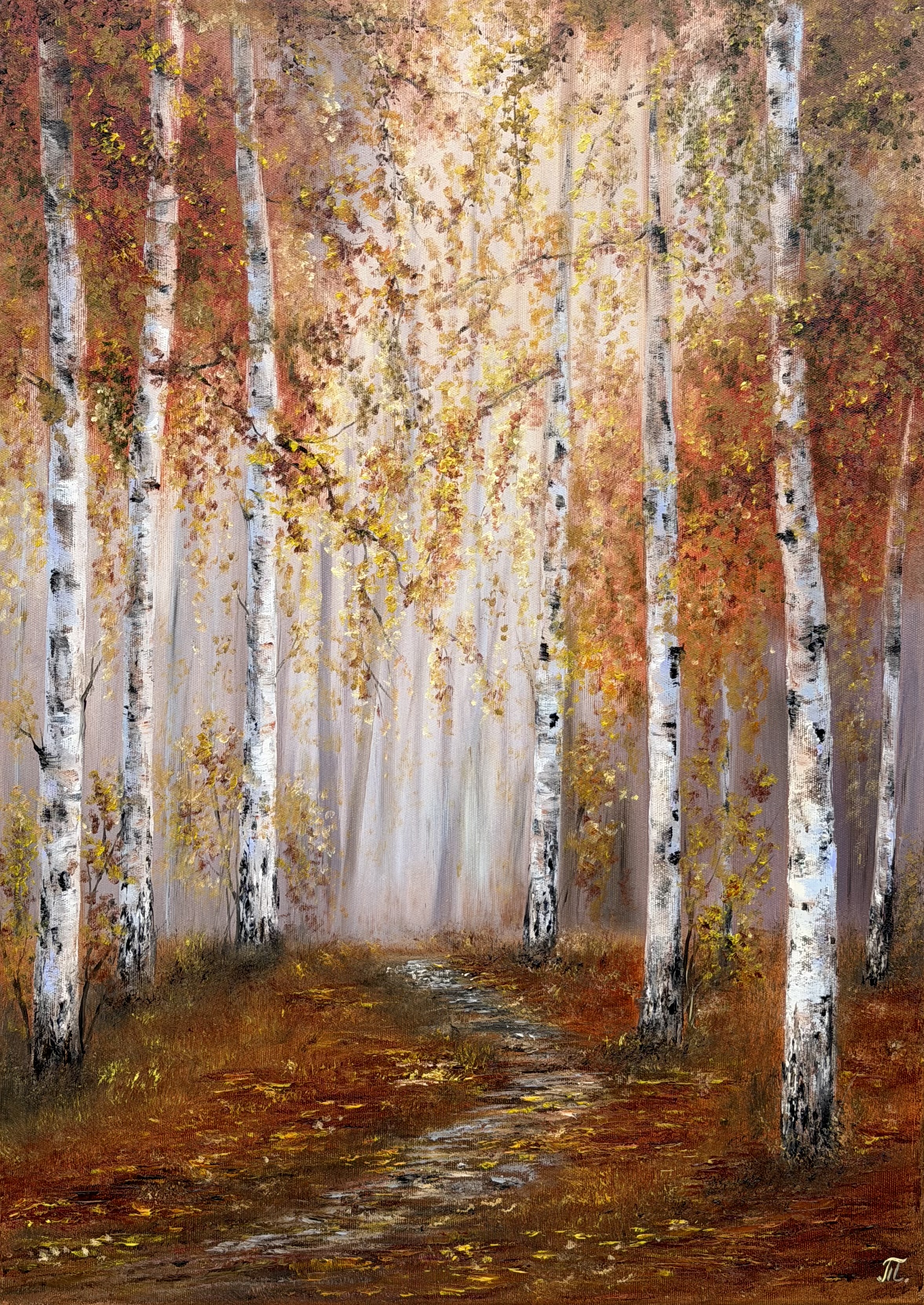 Březová cesta, Tanja Frost — Oil Painting, Impressionism, Canvas — 50 × 70 cm