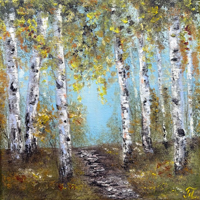 Březový les, Tanja Frost — Plátno, 20 × 20 cm
