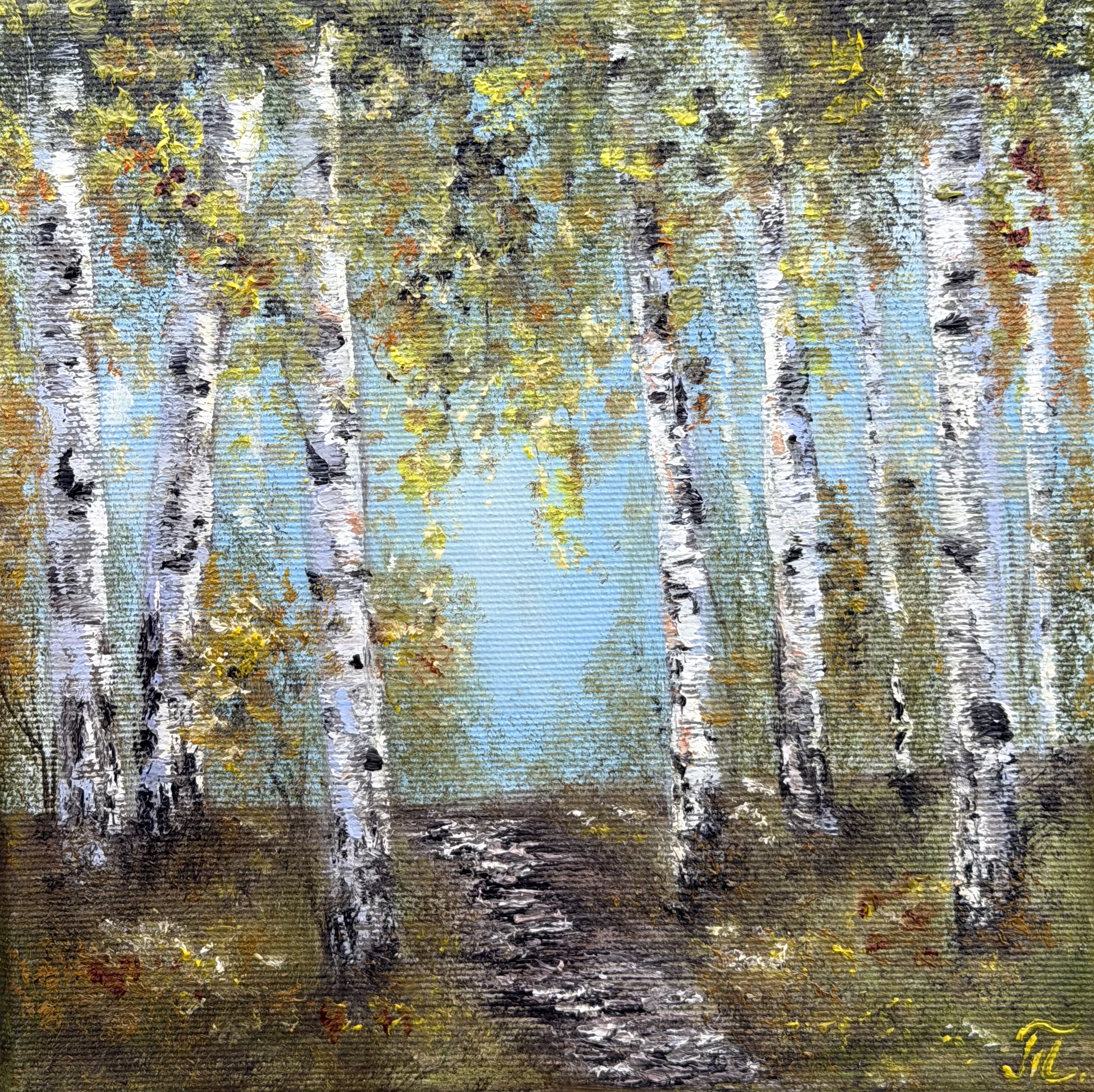 Březový les, Tanja Frost — Oil Painting, Impressionism, Canvas — 20 × 20 cm