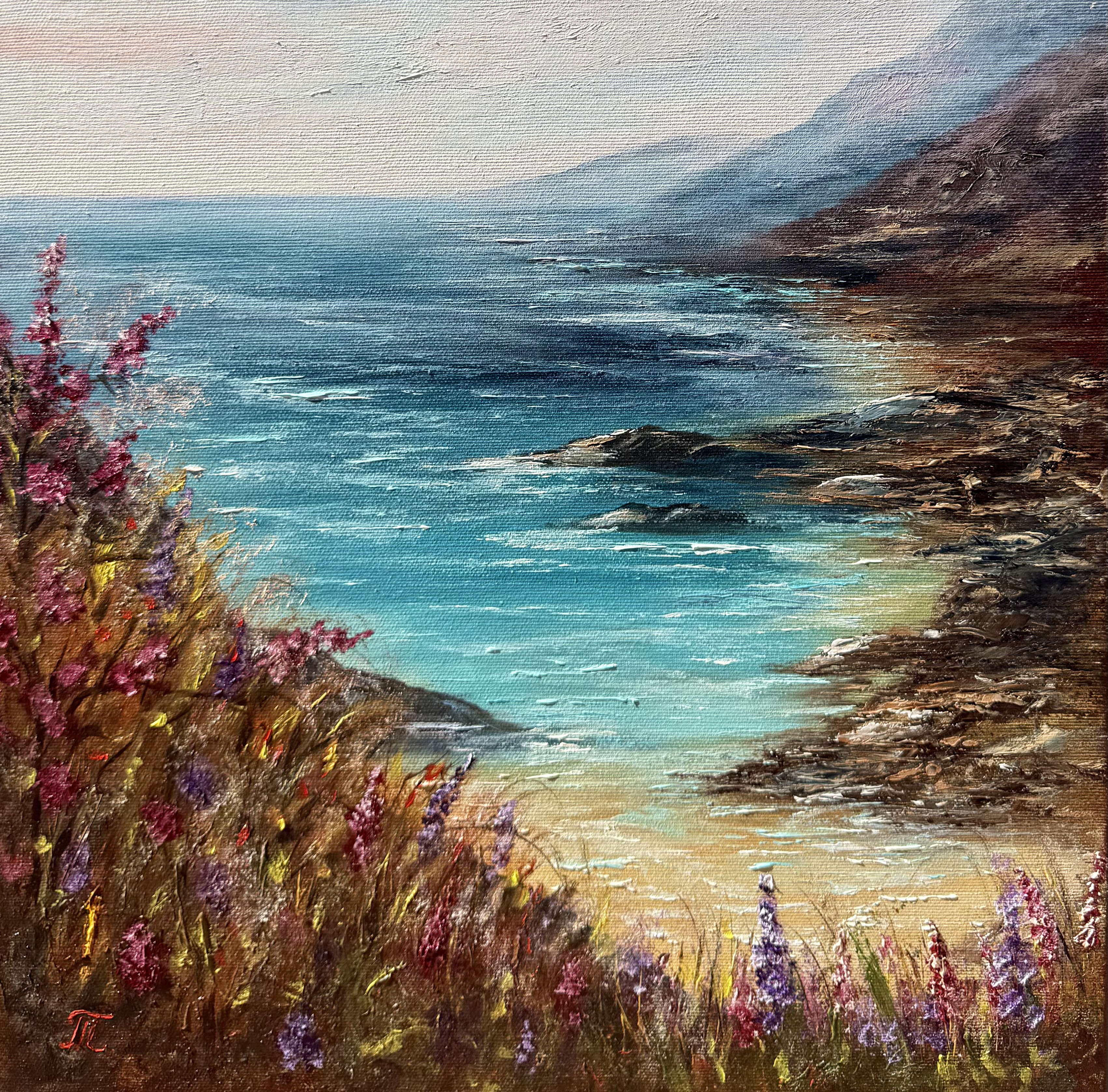 Luční květy podél stezky, Tanja Frost — Oil Painting, Impressionism, Canvas — 40 × 40 cm