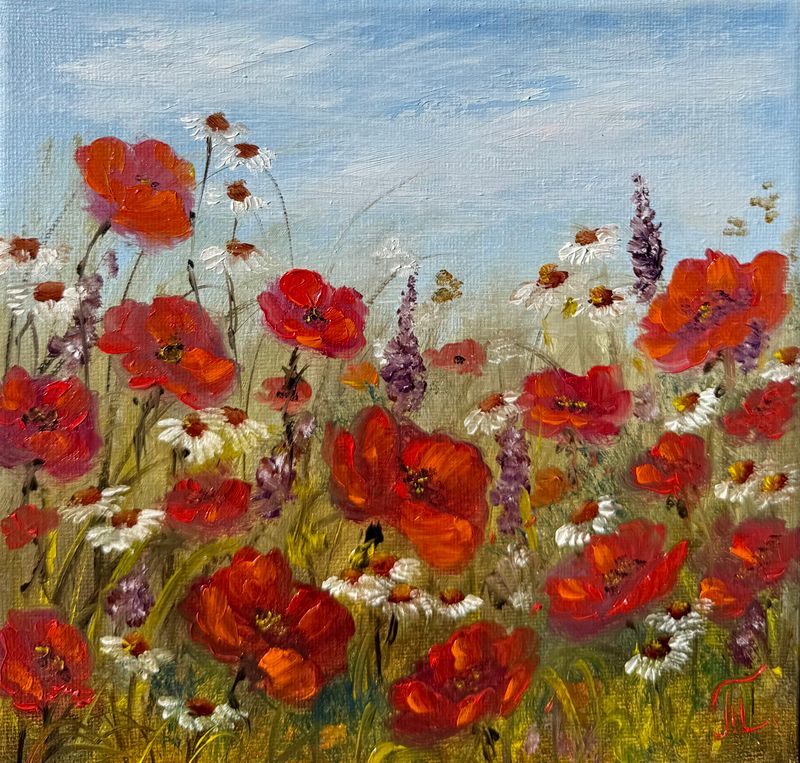 Makové léto, Tanja Frost — Plátno, 20 × 20 cm