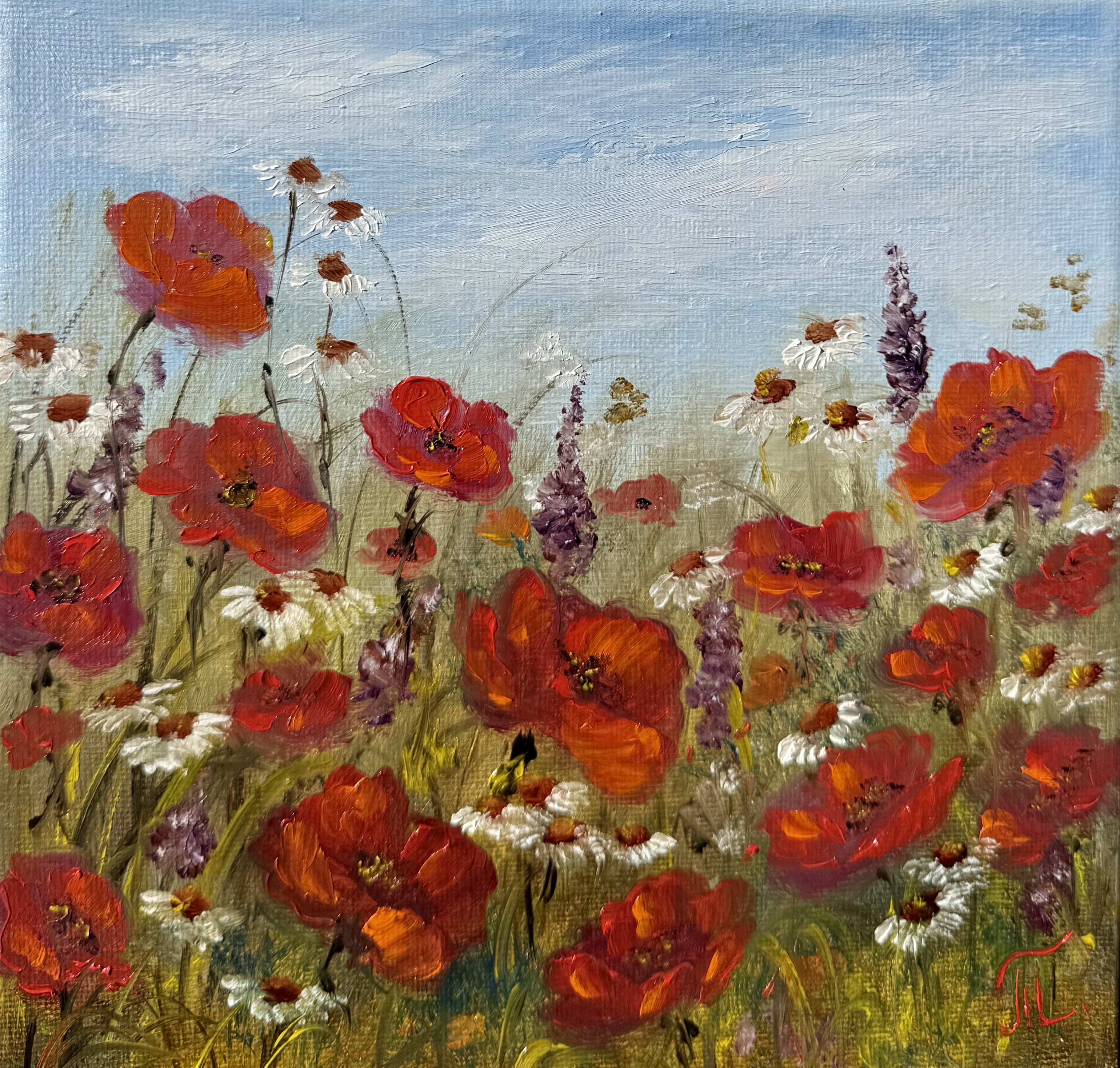 Makové léto, Tanja Frost — Oil Painting, Impressionism, Canvas — 20 × 20 cm