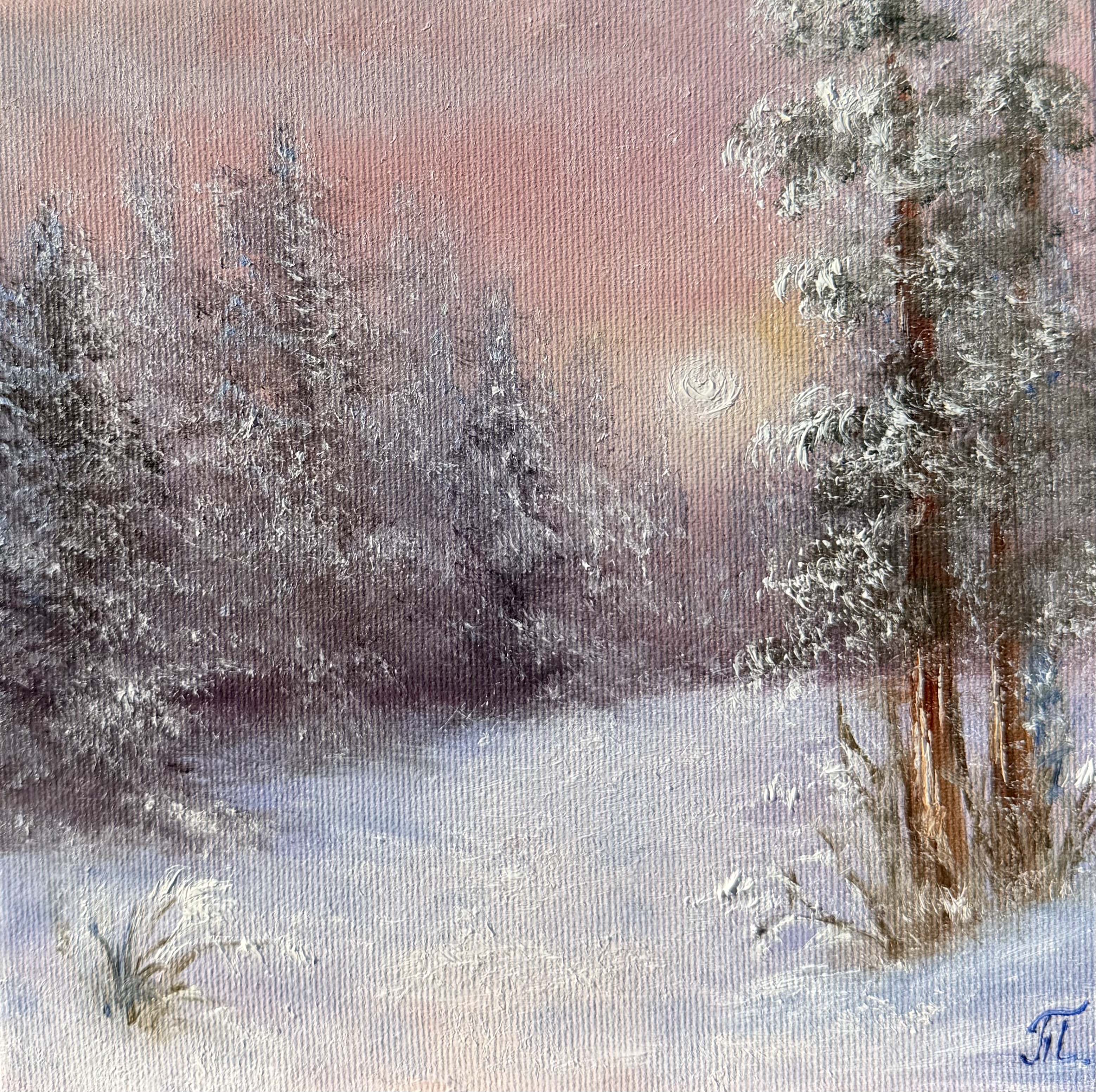 Mrazivé ráno, Tanja Frost — Oil Painting, Impressionism, Canvas — 20 × 20 cm