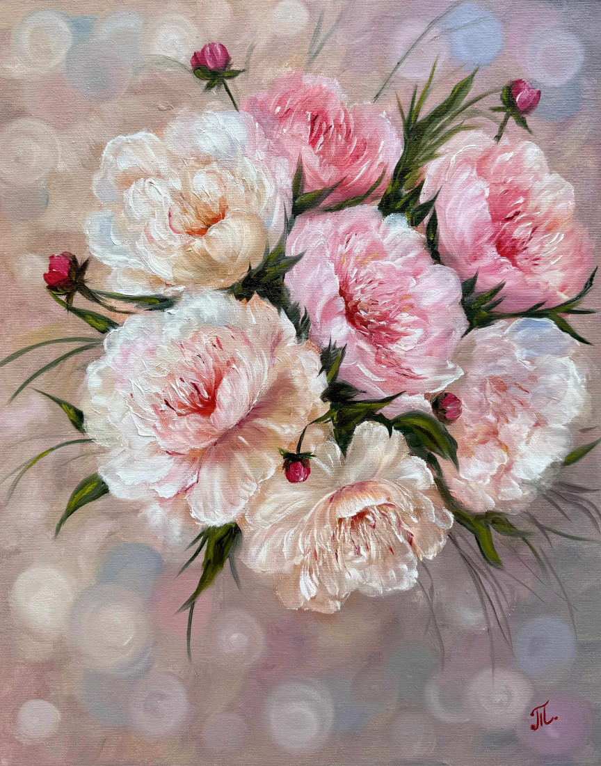 Něžné pivoňky, Tanja Frost — Akril, Impresszionizmus, Vászon — 40 × 50 cm