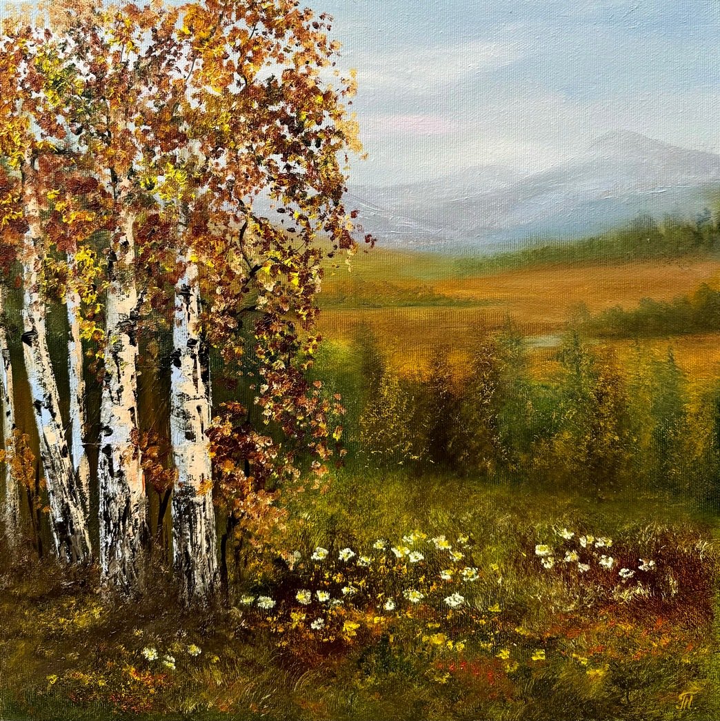 Příslib podzimu, Tanja Frost — Olajfestmény, Impresszionizmus, Vászon — 40 × 40 cm