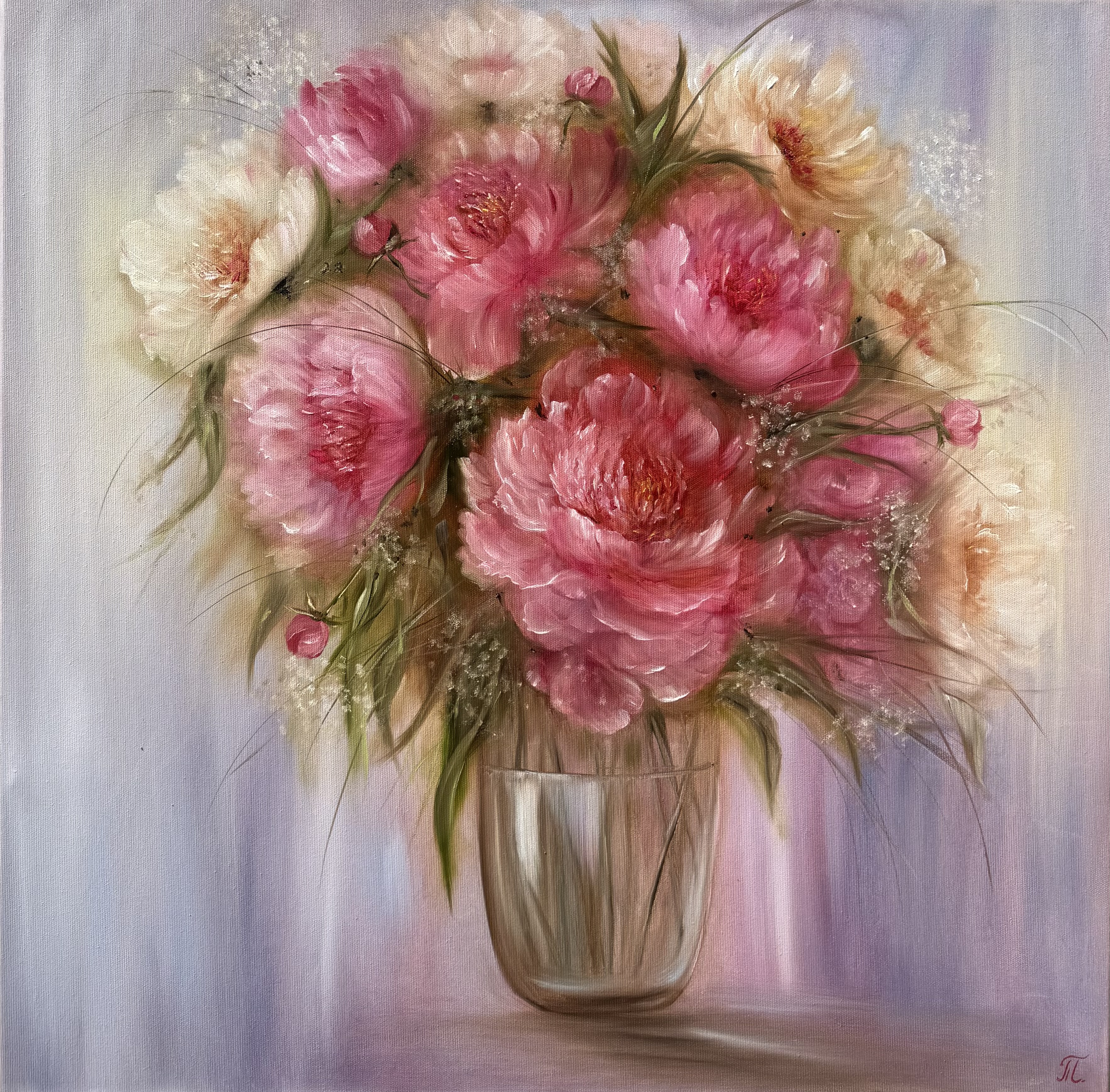 Šepot pivoněk, Tanja Frost — Oil Painting, Impressionism, Canvas — 70 × 70 cm