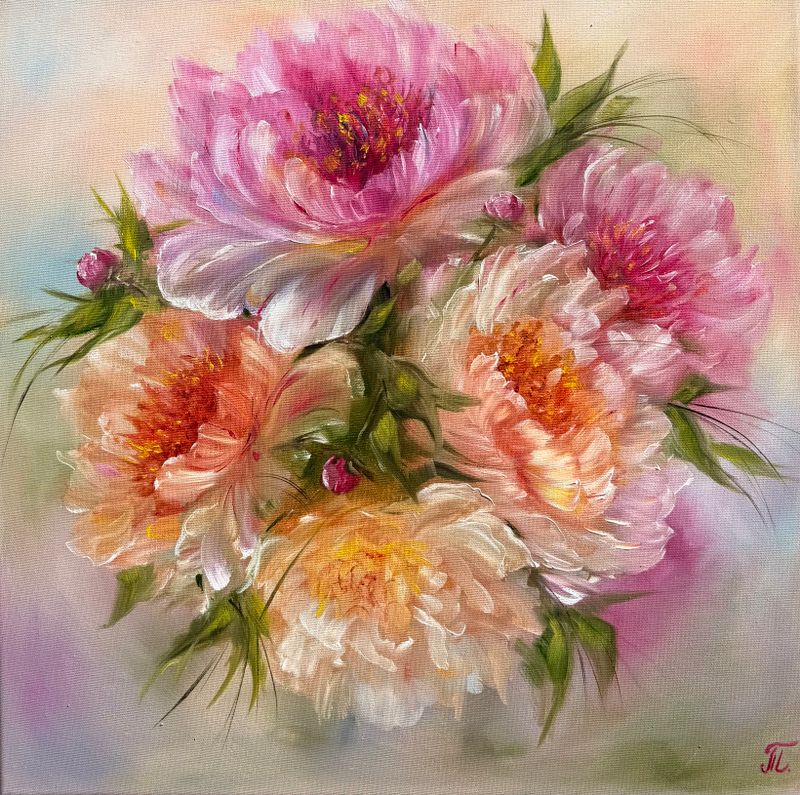 Série Magic Peonies – Dárek pro ni (Magic Peonies Series – A Gift for Her), Tanja Frost — Canvas, 50 × 50 cm