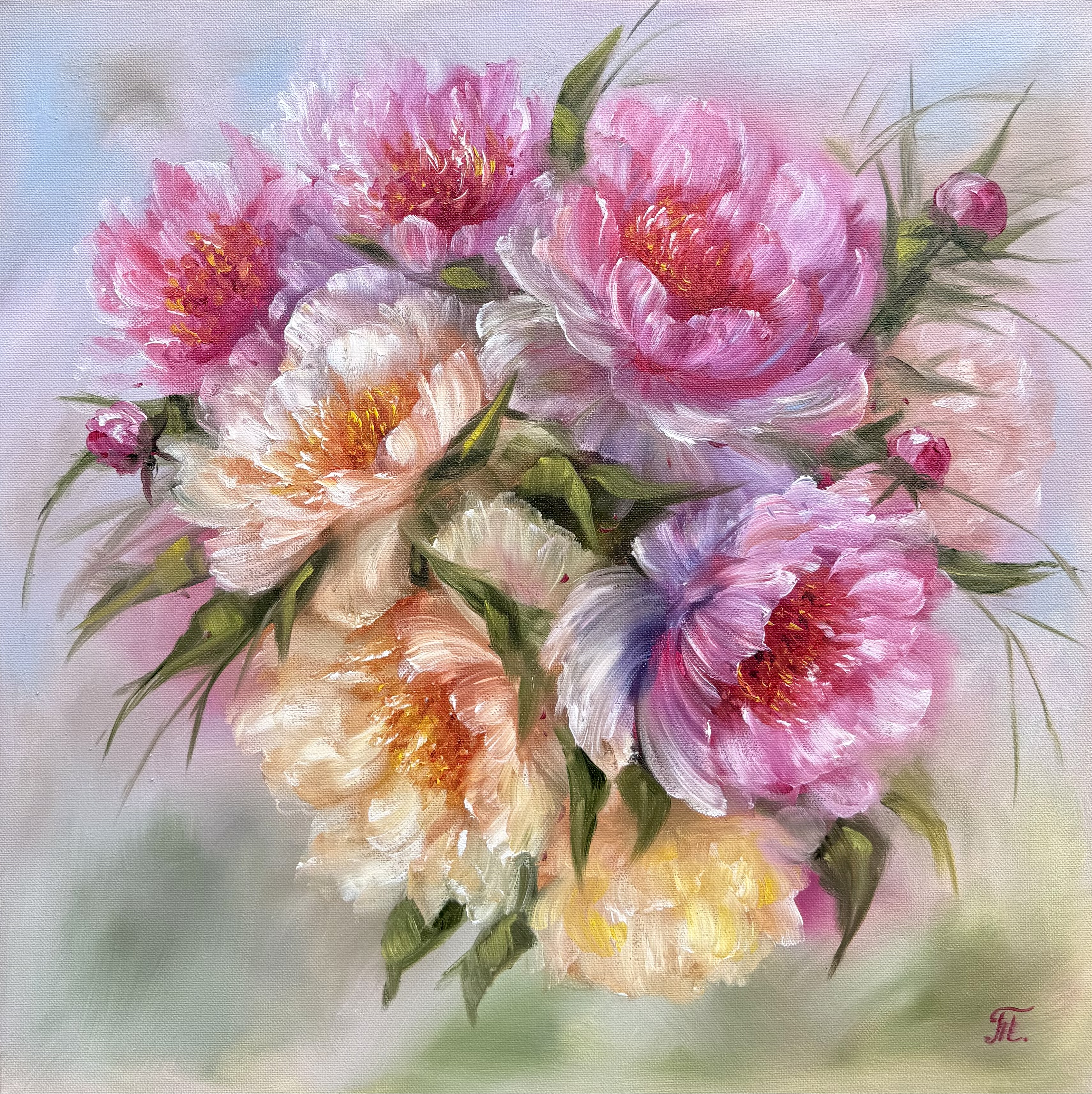 Série Magic Peonies – Dárek z lásky, Tanja Frost — Oil Painting, Impressionism, Canvas — 50 × 50 cm