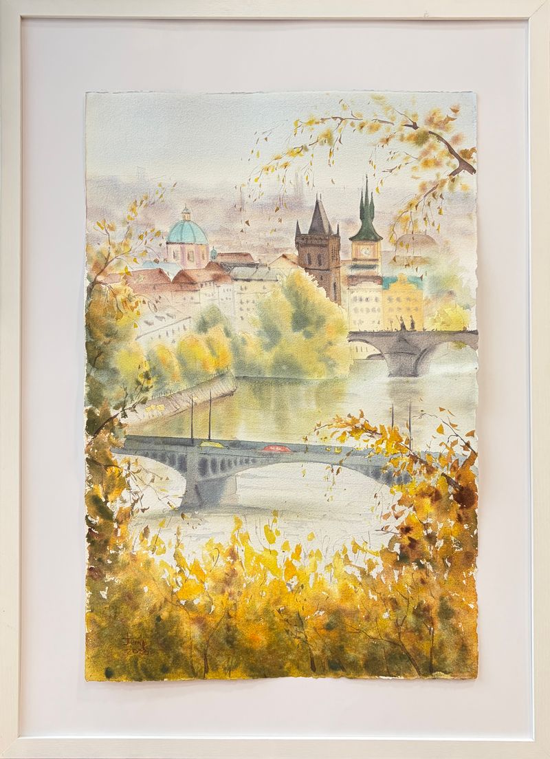 Golden Prague: Autumn Over the Vltava (Praga dorada: Otoño sobre el Moldava), Tatiana Bykova — Papel, 38 × 56 cm
