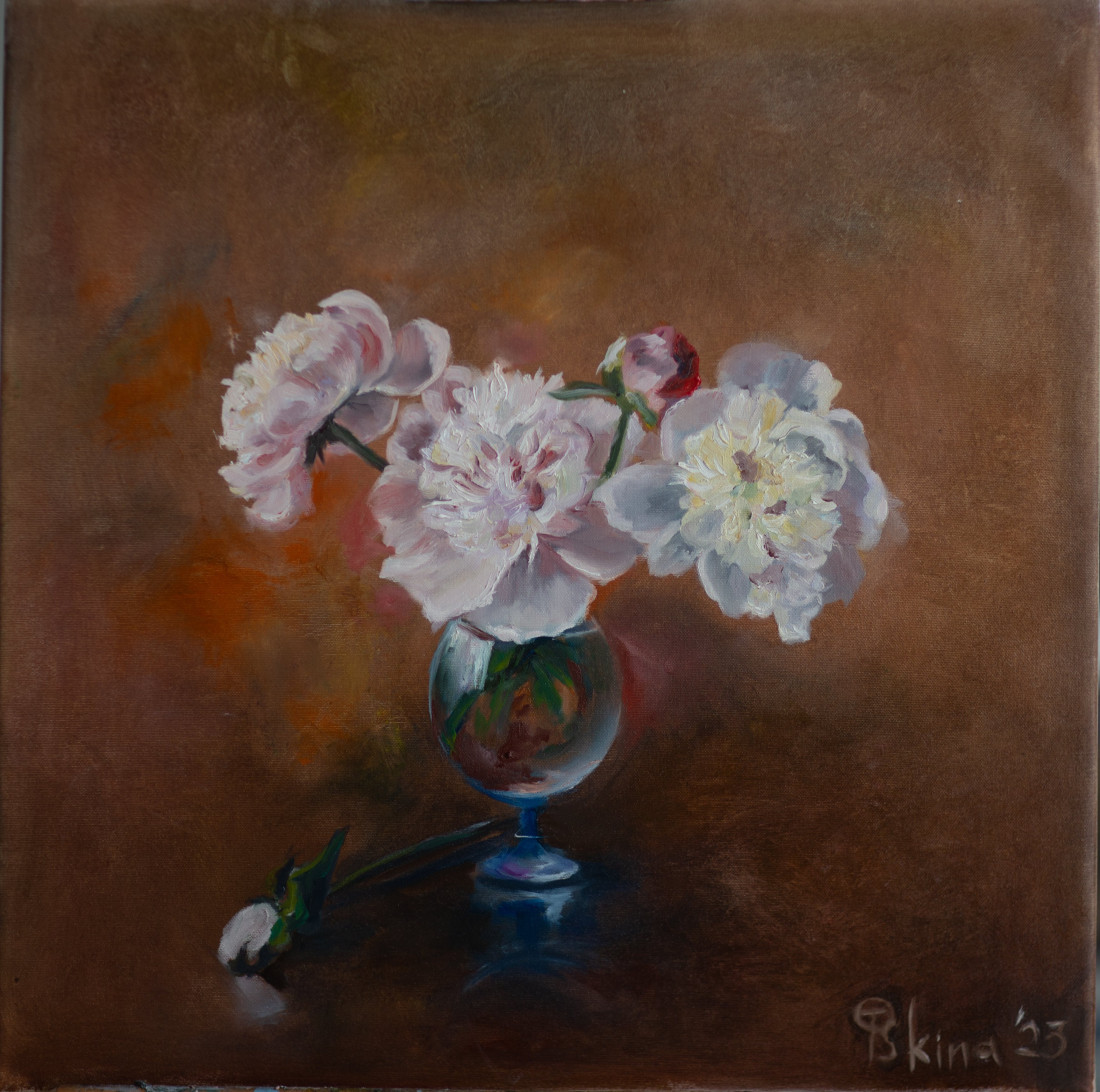 Pivoňky ve sklenici (Pivonky v pohári), Tatiana Oskina — Plátno, 60 × 60 cm