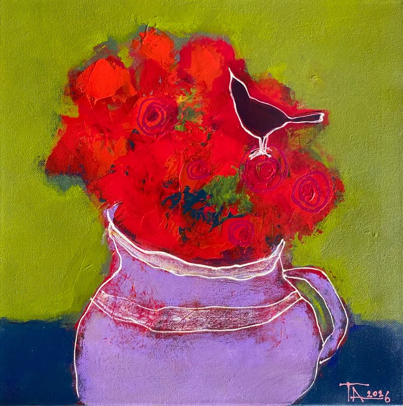Blackbird and red roses., Tatjana Auschew — Canvas, 40 × 40 cm