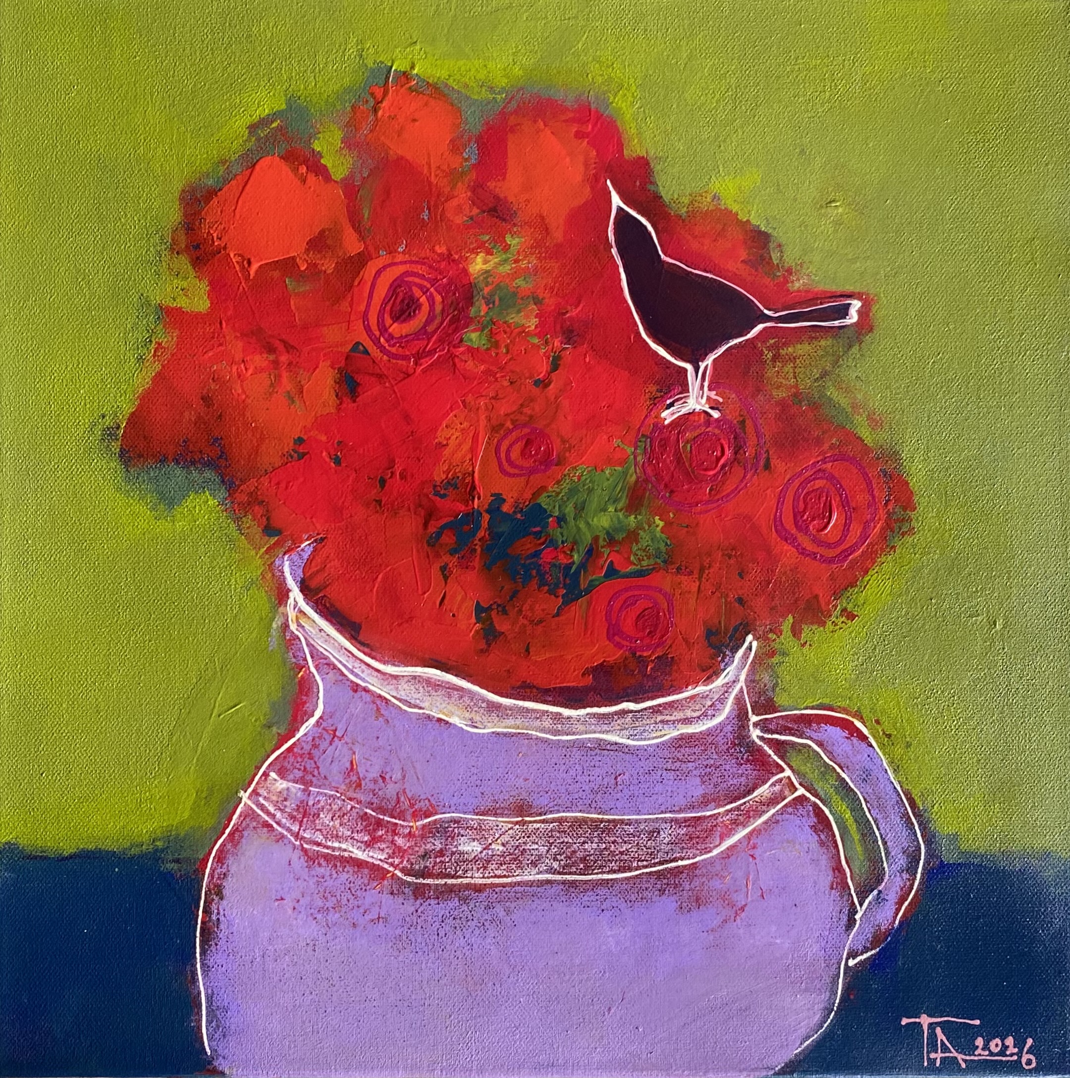 Blackbird and red roses., Tatjana Auschew — Acrylic, Expressionism, Canvas — 40 × 40 cm