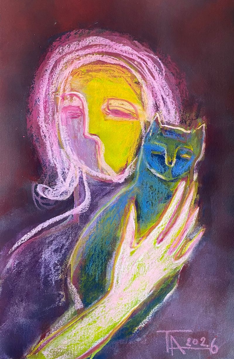 Dívka s kočkou. (A rapariga com o gato.), Tatjana Auschew — Cardboard, 34 × 50 cm