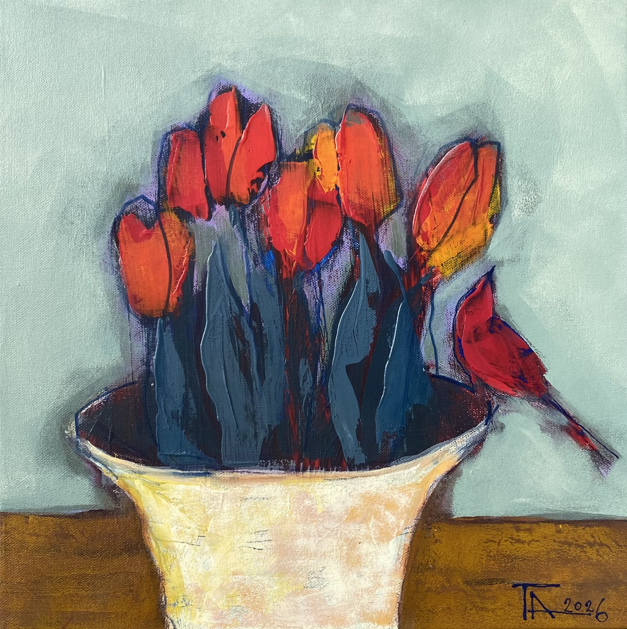 Still life with tulips., Tatjana Auschew — Acrylic, Expressionism, Canvas — 40 × 39.7 cm