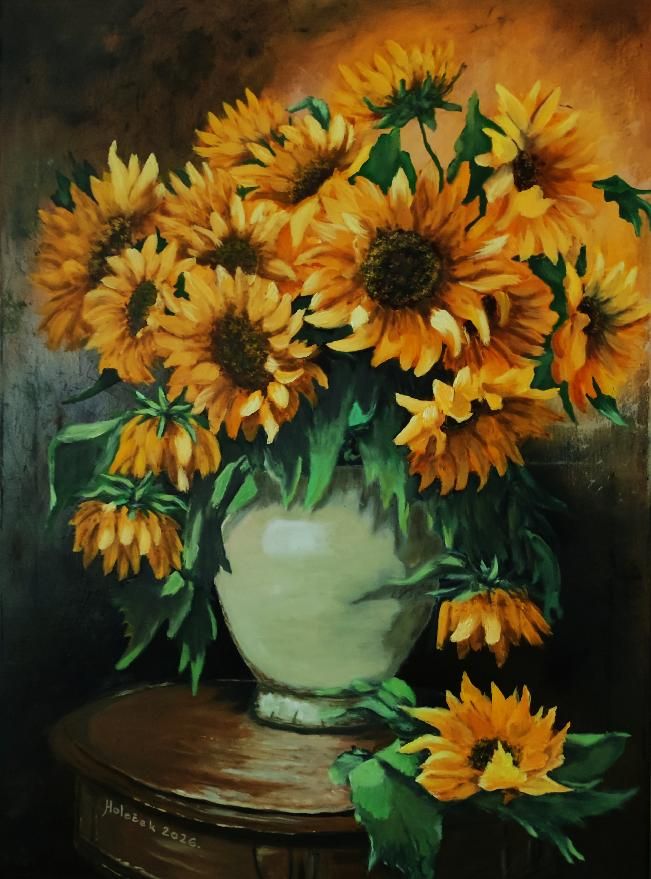 Slunečnice ve váze (Sunflowers in a Vase), Václav Holeček — Canvas, 55 × 75 cm