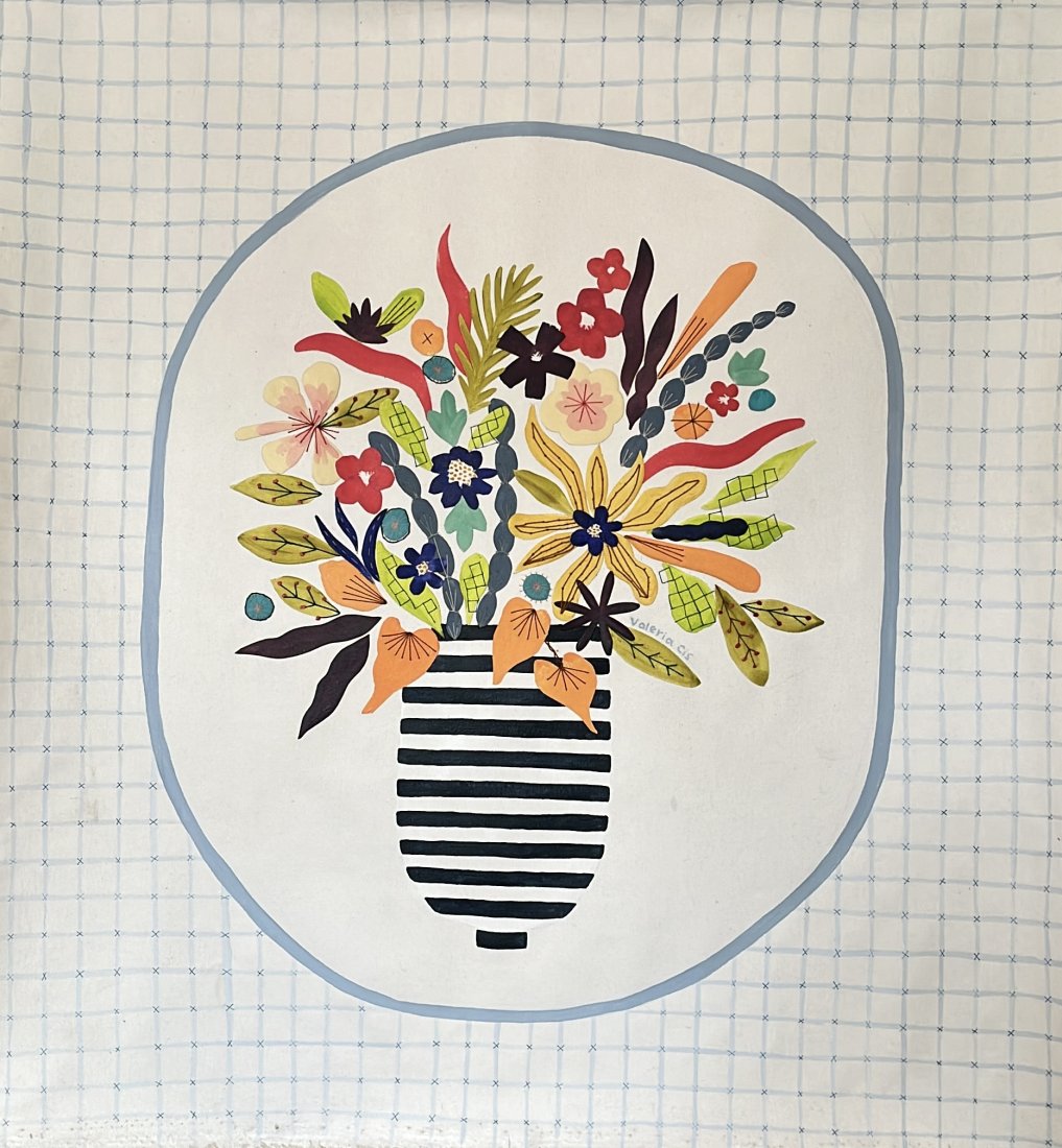Jarrón rayado, Valeria Cis — Vegyes technika, Floral, Vászon — 75 × 80 cm
