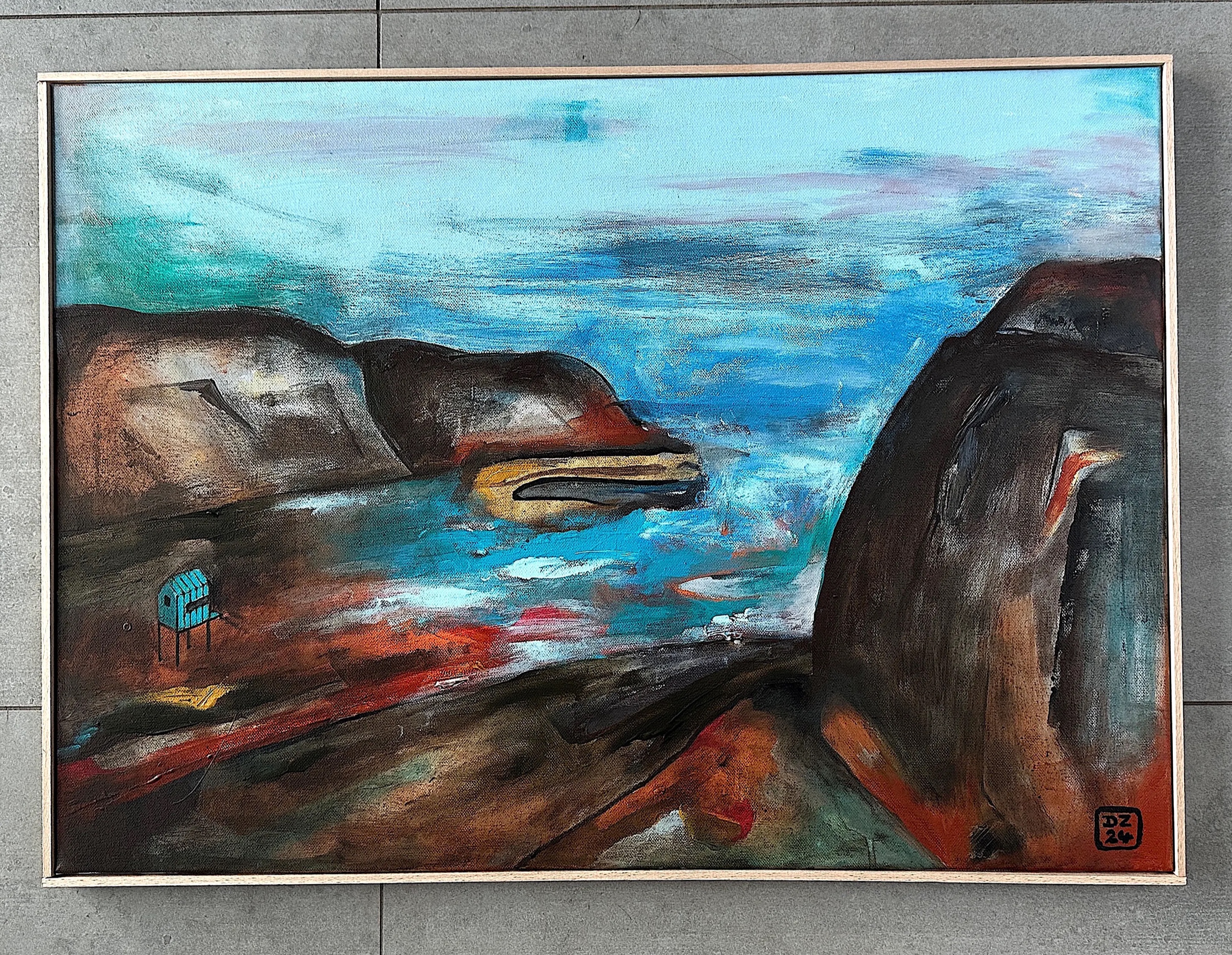 Chata v zátoce, Zdeněk Duroň — Acrylic, Expressionism, Canvas — 70 × 50 cm