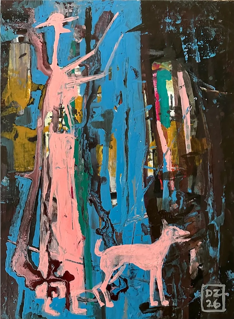 Dáma se psem ..., Zdeněk Duroň — Acrylic, Expressionism, Canvas — 30 × 40 cm