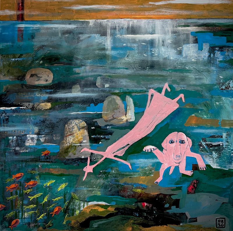 Dáma se psem na dovolené .... (Senhora com cão de férias ....), Zdeněk Duroň — Canvas, 70 × 70 cm