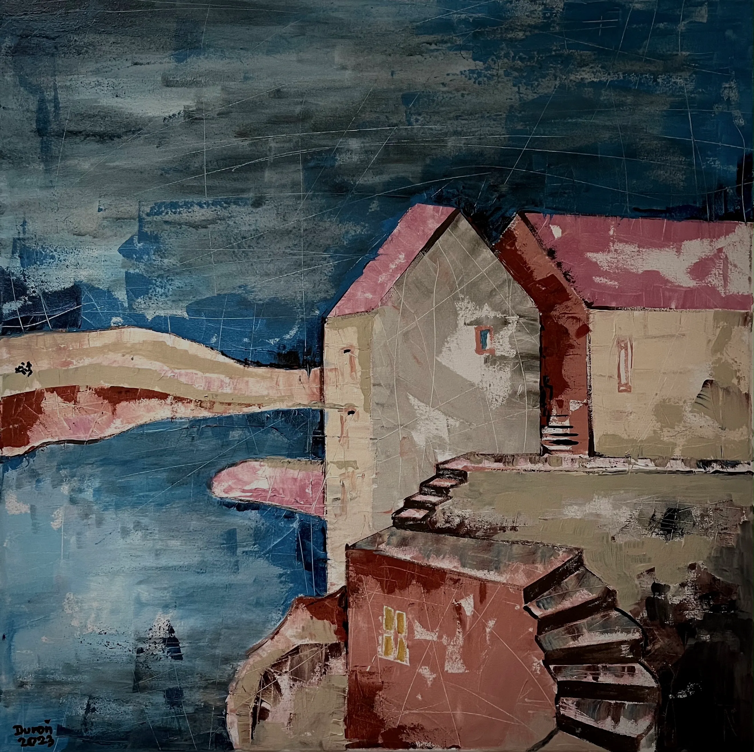 DOMY NA ÚTESU, Zdeněk Duroň — Acrylic, Impressionism, Canvas — 70 × 70 cm