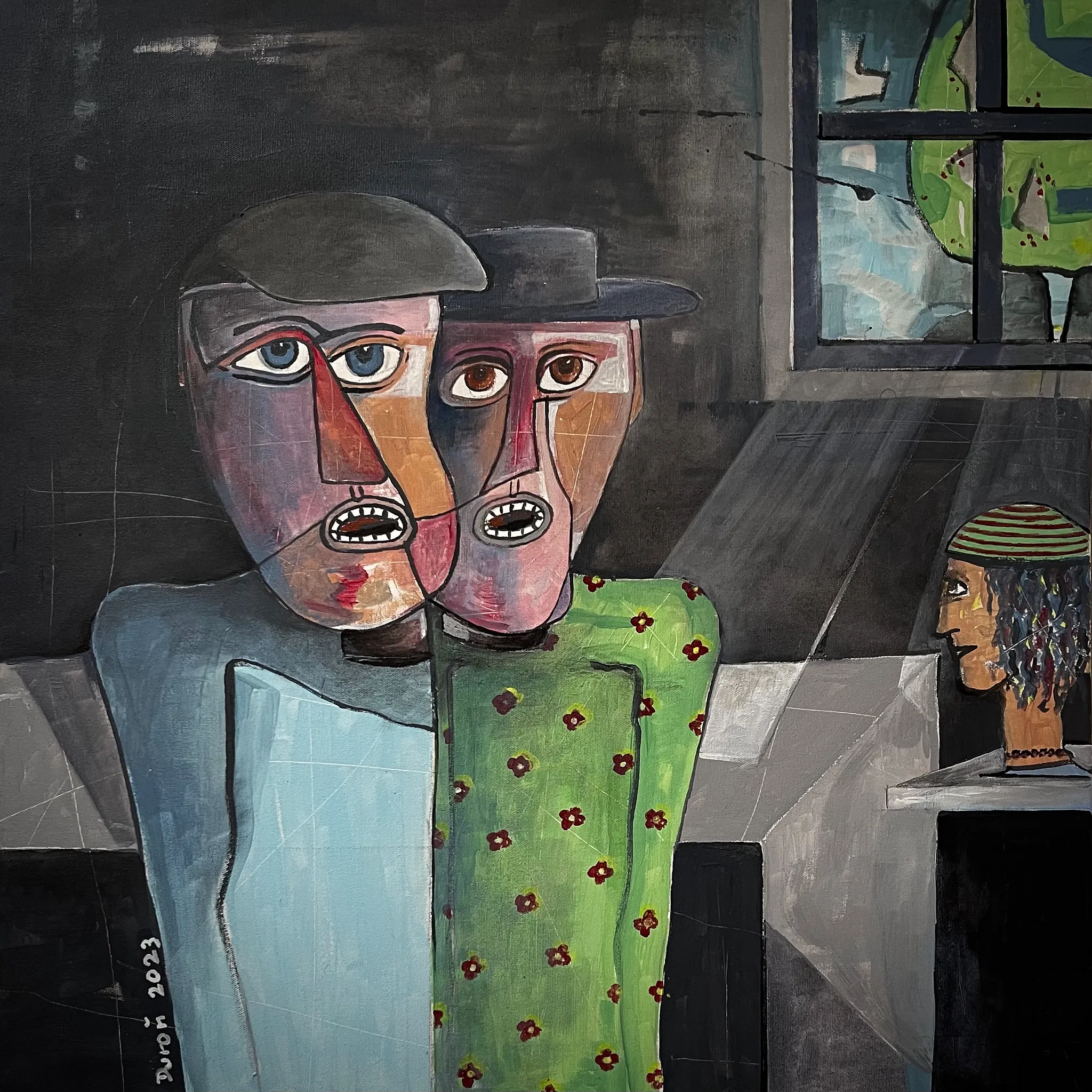Klubovna detektivů, Zdeněk Duroň — Acrylic, Surrealism, Canvas — 70 × 70 cm