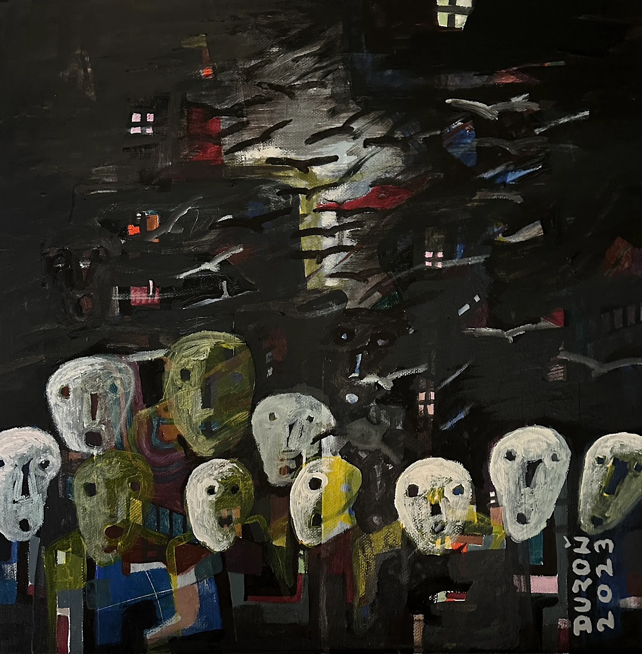 Město duchů, Zdeněk Duroň — Acrylic, Expressionism, Canvas — 40 × 40 cm