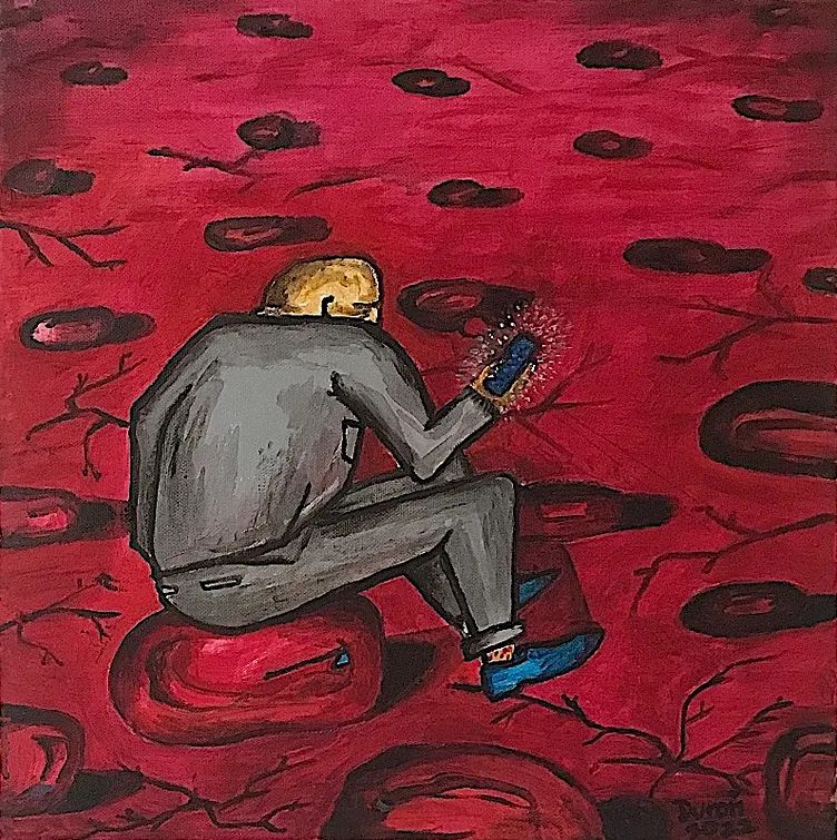 MUŽ S MOBILEM (МУЖЧИНА С МОБИЛЬНЫМ ТЕЛЕФОНОМ), Zdeněk Duroň — Холст, 40 × 40 cm
