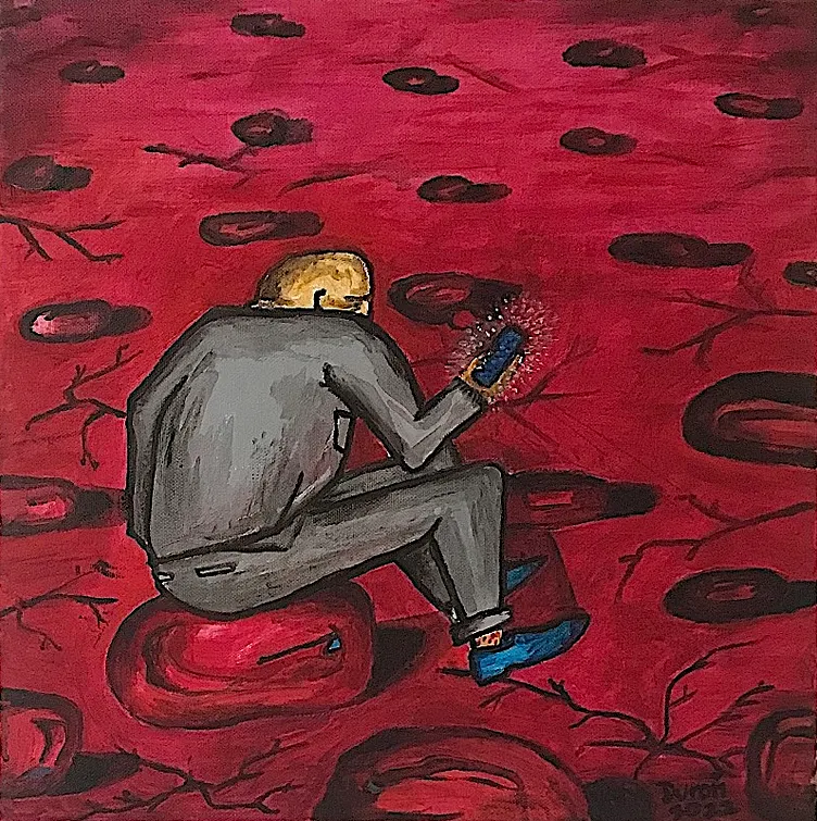 MUŽ S MOBILEM, Zdeněk Duroň — Acrylic, Expressionism, Canvas — 40 × 40 cm