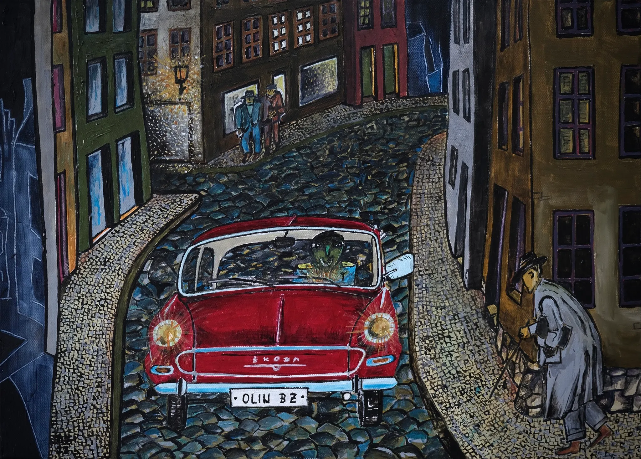Olin valí na schůzku do Zábrdovic, Zdeněk Duroň — Acrylic, Impressionism, Canvas — 70 × 50 cm