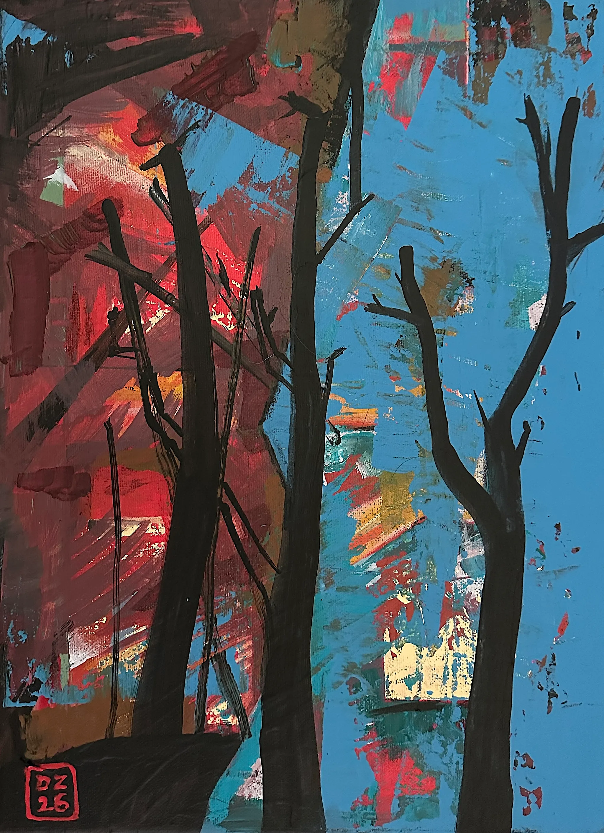 PODZIM - STROMY U ŘEKY ..., Zdeněk Duroň — Acrylic, Expressionism, Canvas — 30 × 40 cm