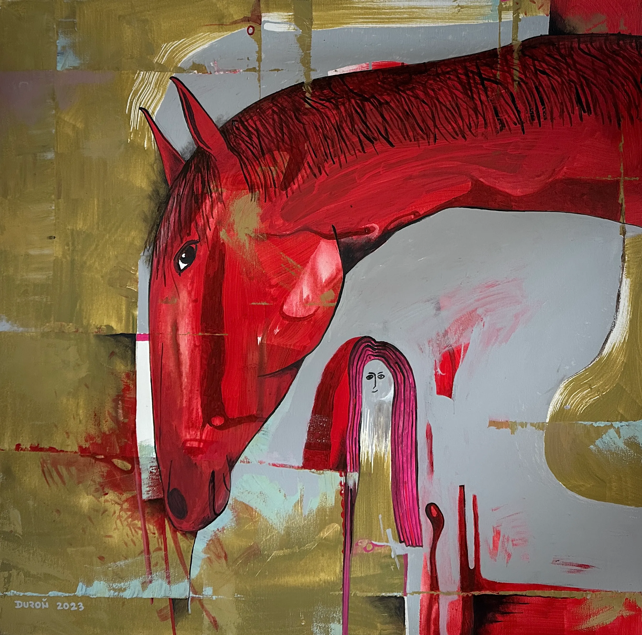 Red Horse in the bay, Zdeněk Duroň — Acrylic, Surrealism, Canvas — 90 × 90 cm