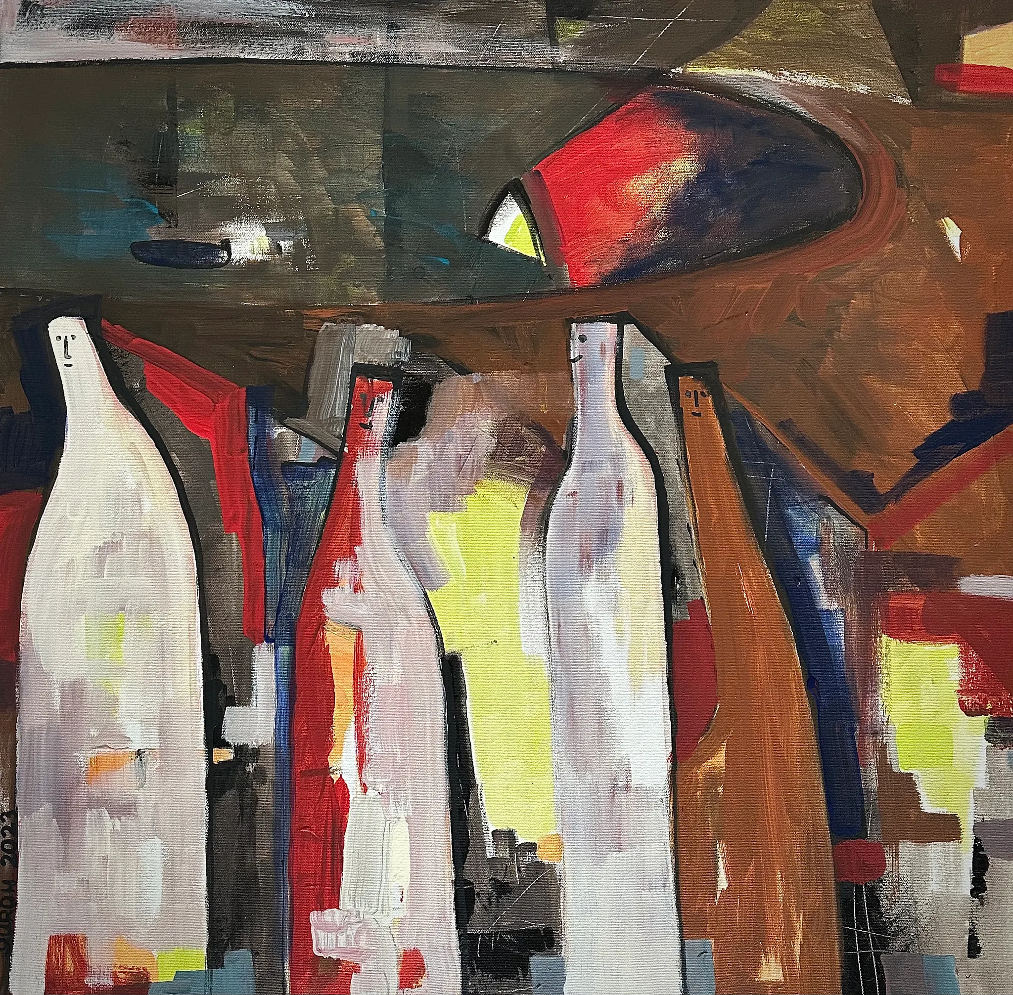 TŘÍDNÍ  SRAZ  LAHVÍ, Zdeněk Duroň — Acrylic, Expressionism, Canvas — 70 × 70 cm