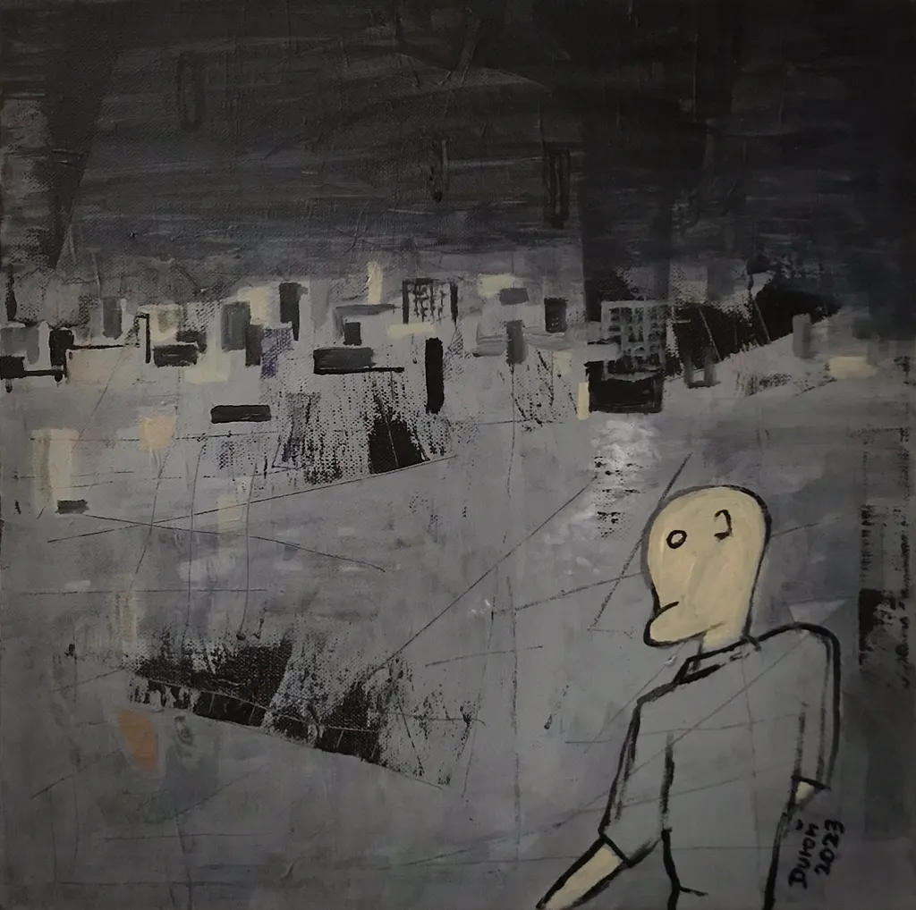 Válka je vůl, Zdeněk Duroň — Acrylic, Expressionism, Canvas — 40 × 40 cm