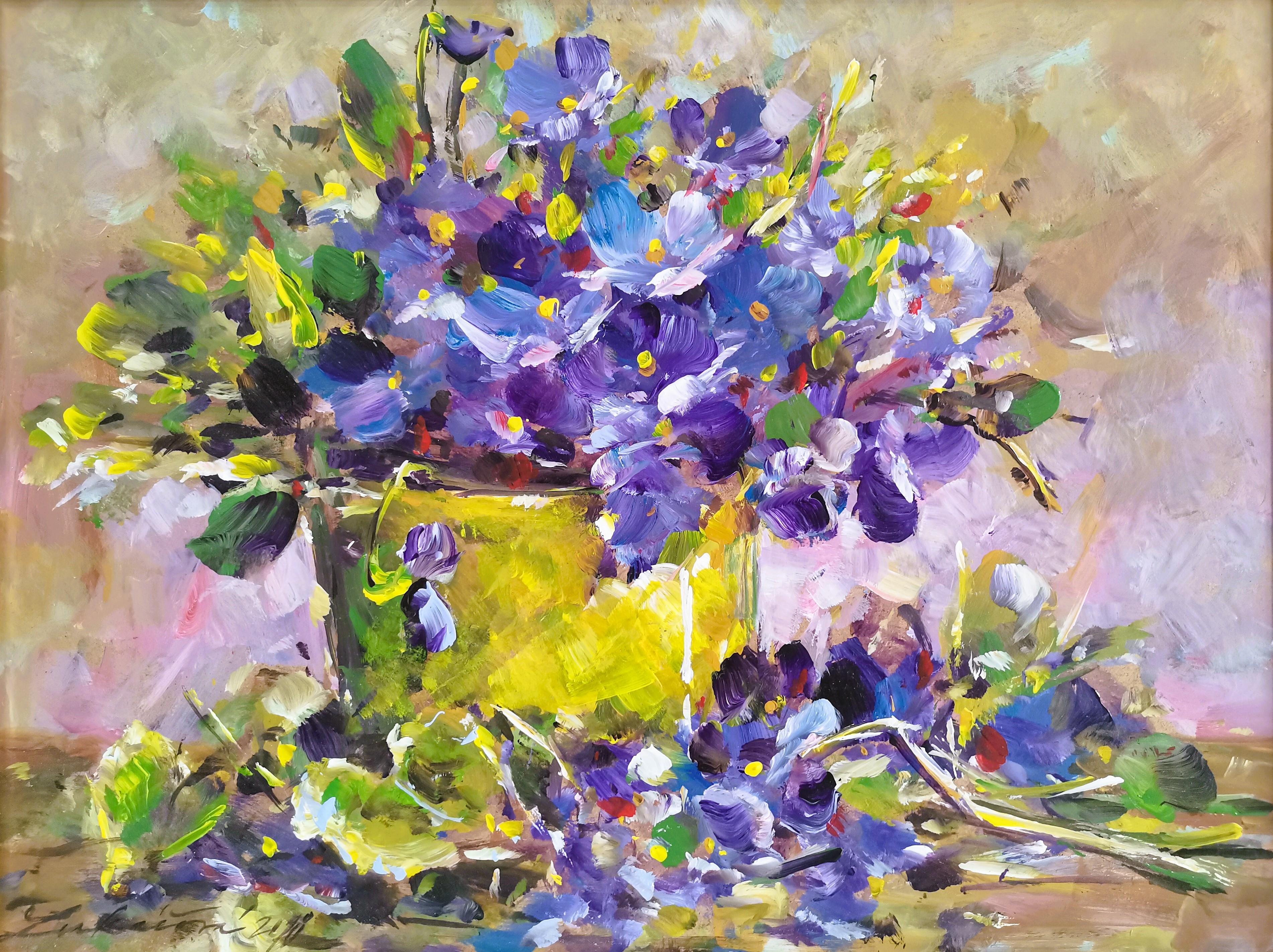 Sezóna fialiek, Zuzana Lukáčová — Acrylic, Impressionism, Chipboard / MDF — 40 × 30 cm