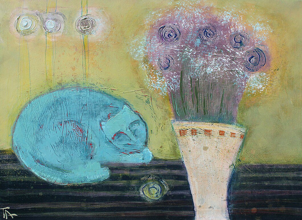 Blue cat and flowers.