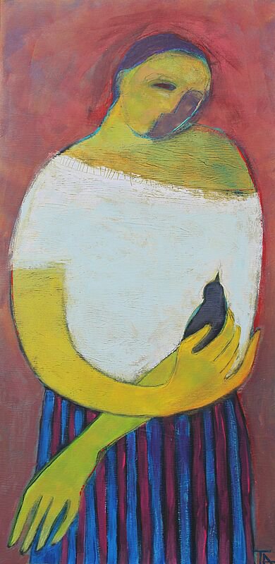 A woman with a blackbird.