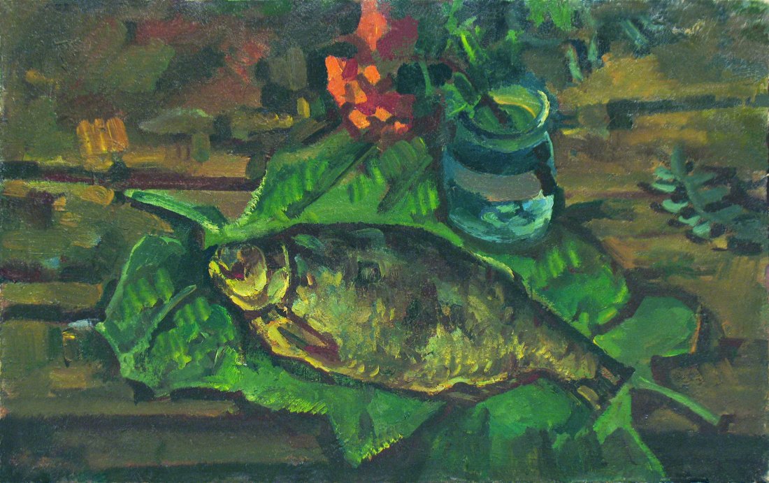 Still life with fish on the leaves